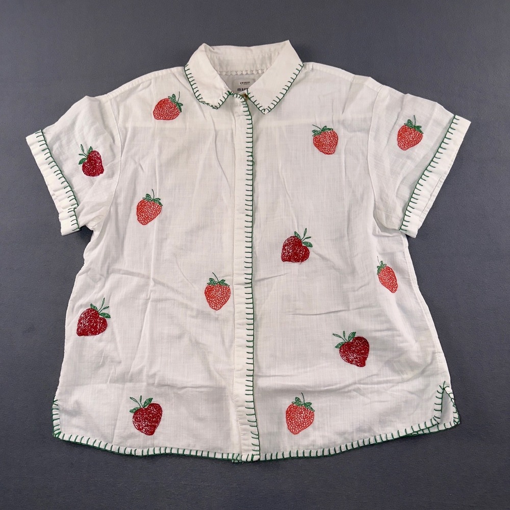Maeve Anthropologie Strawberry Embroidered Cotton Shirt White Green Trim XS